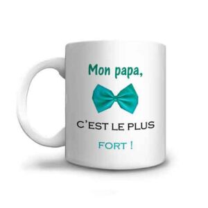 Mug mon papa c'est le plus fort et son nœud papillon vert d'eau