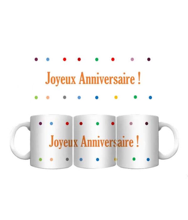 Mug panoramique joyeux anniversaire avec des pois multicolores