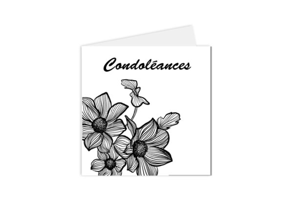 Carte de condoléances en noir et blanc, avec une illustration de fleurs, stylisées dessin traditionnel