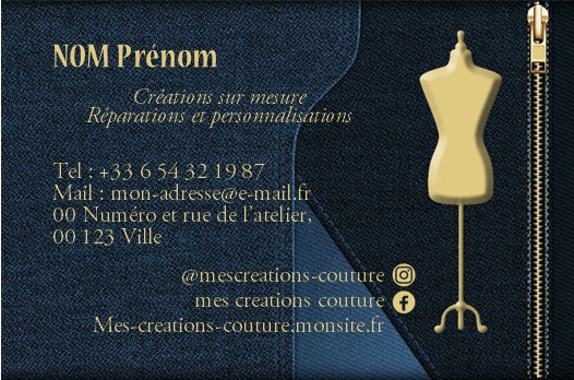 détail de la carte de visite recto couture, fond motif jean denim avec un buste de couture et des détails dorés