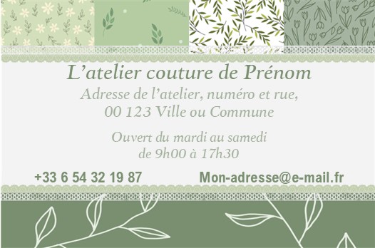 détail de la carte de visite recto couture motif tissu fleuri camaïeu de vert