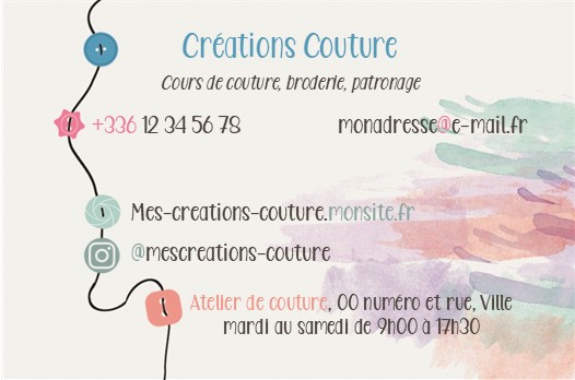 détail de la carte de visite recto couture, fond coloré et illustration d'une boutonnière multicolore