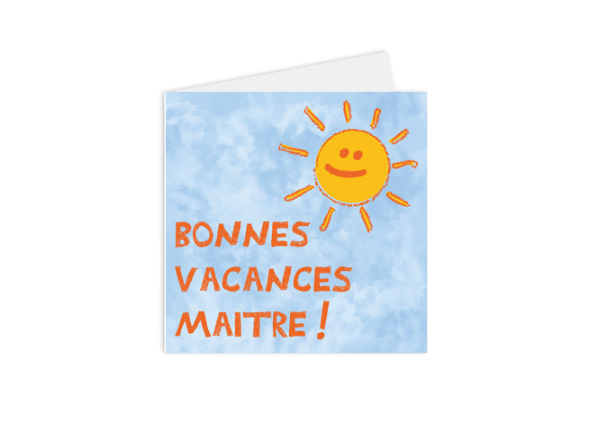 Carte postale de remerciements pour les maitres et les maitresses. Une illustration enfantine de soleil, sur un fond bleu aquarelle, avec le message "bonne vacances maitre !"