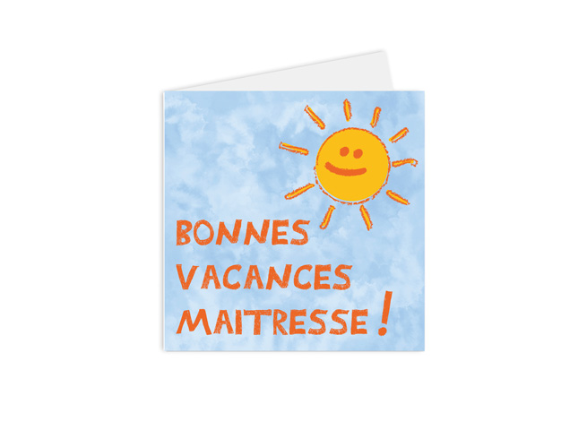 Carte postale de remerciements pour les maitres et les maitresses. Une illustration enfantine de soleil, sur un fond bleu aquarelle, avec le message "bonne vacances maitresse !"