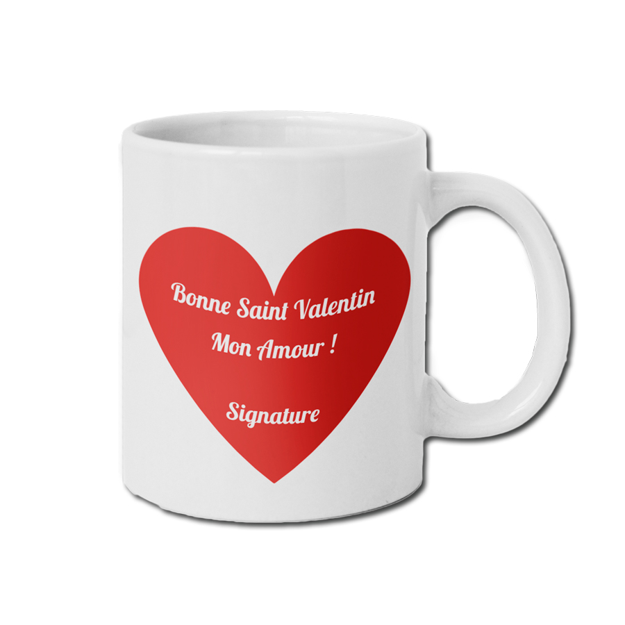 mug personnalisable spécial saint valentin, gros cœur rouge avec message personnel à l'intérieur