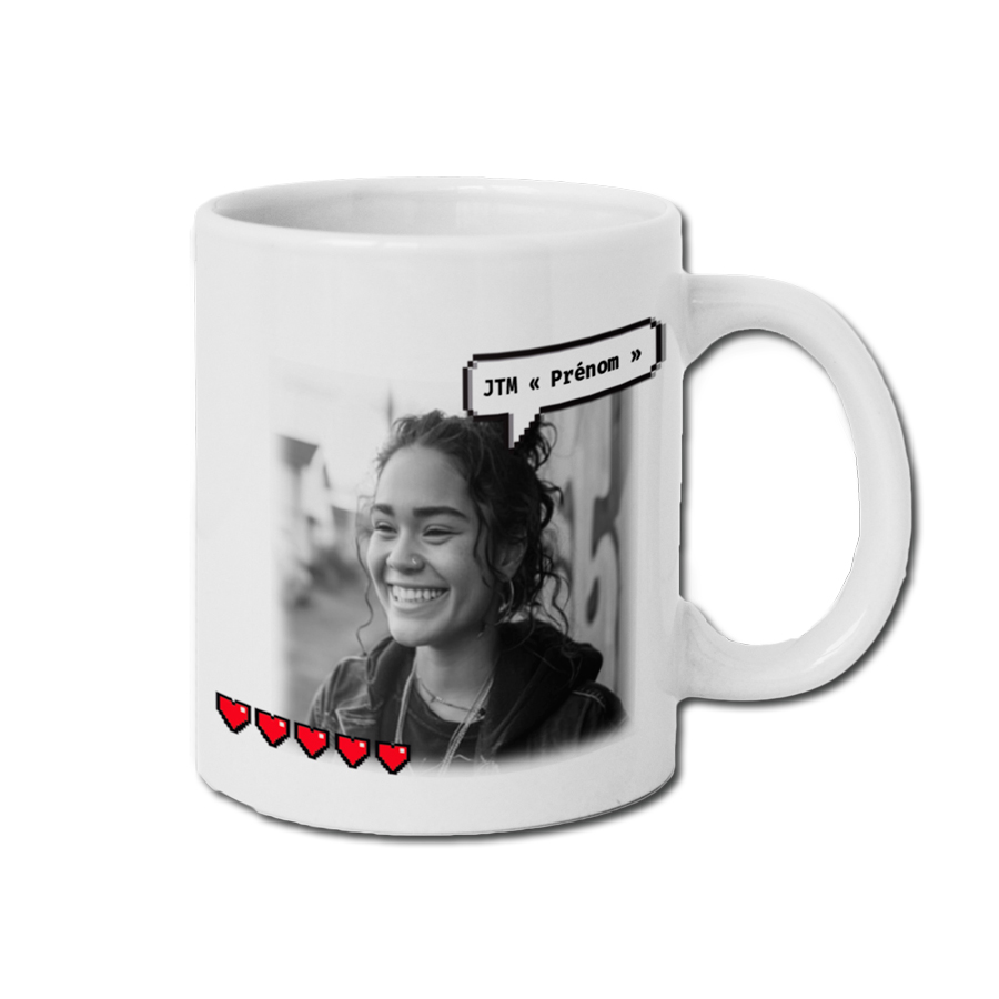 mug personnalisable spécial saint valentin, bulle pixel et cœurs barre de vie