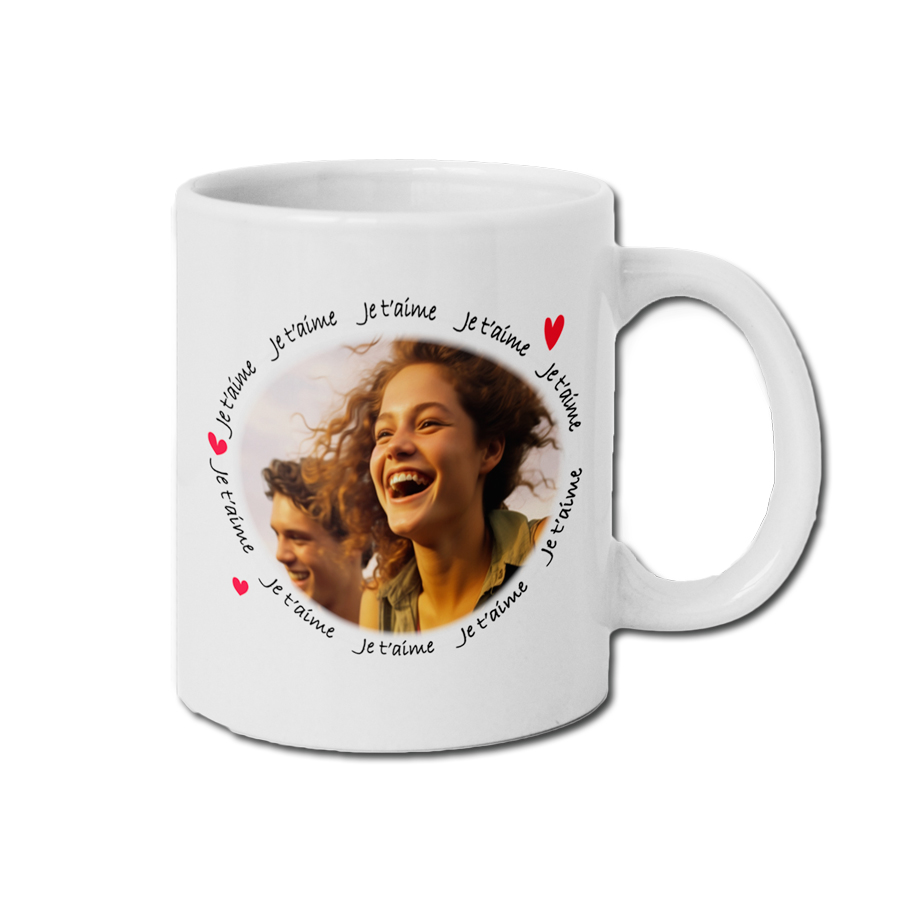 mug personnalisable spécial saint valentin, photo ovale, cadre mot "je t'aime"